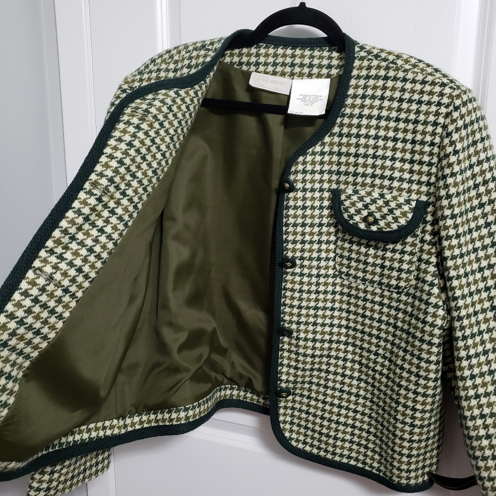 VINTAGE YVES VINET Green Houndstooth Wool Gold Lion Buttons Blazer - Picture 7 of 13